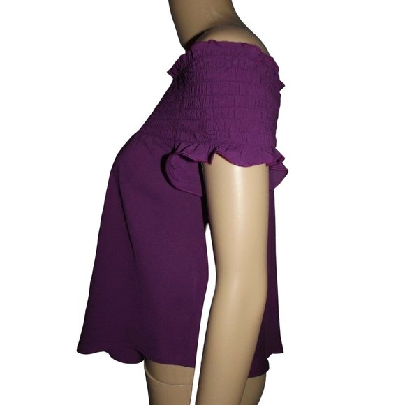 Express XS Purple Smocked Off The Shoulder Blouse asymmetrical hem top (0-2) - Picture 4 of 8